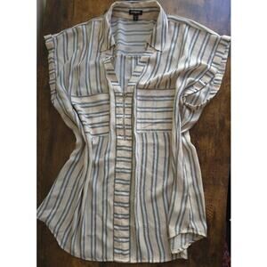 Express Striped Zip-Front Blouse – Cream & Charcoal Vertical Stripe (Size XL)